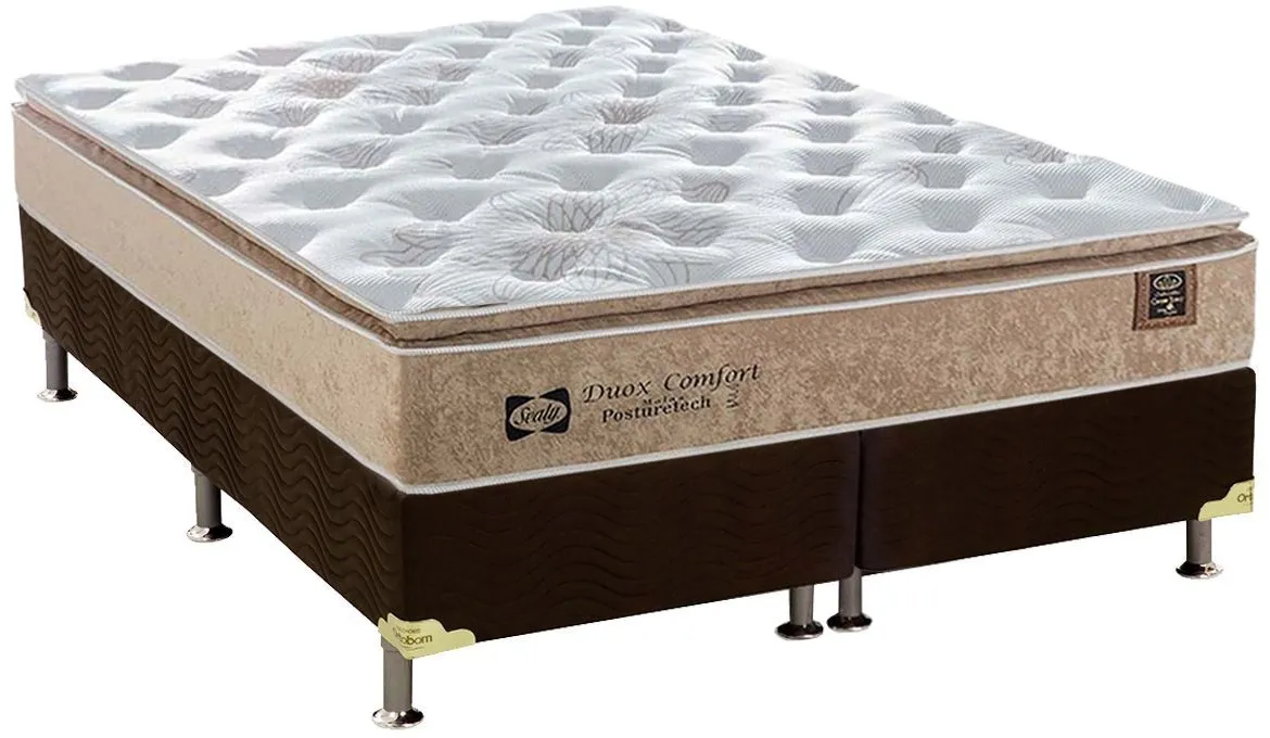 Conjunto Box de Colchão Sealy de Molas Posturepedic Doux Comfort com Cama Nobuck Rosolare Café