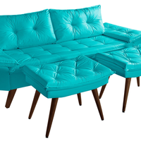 Sofa Bariloche 3 Lugares + 2 banquetas Retro Courino Azul Turquesa Couro Sintetico Essencial Estofados