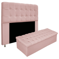Kit Cabeceira e Calçadeira Baú Estofada Mel 160 cm Queen Size Com Capitonê Suede Rosê - Amarena Móveis