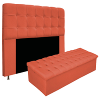 Kit Cabeceira e Calçadeira Baú Estofada Mel 140 cm Casal Com Botonê Suede Terracota - Amarena Móveis