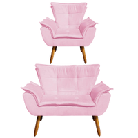 Kit Namoradeira e 01 Poltrona Opala Suede Rosa Bebê Pés Palito Castanho D'Rossi