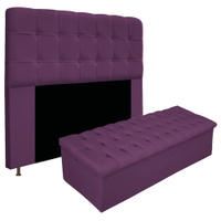 Kit Cabeceira e Calçadeira Baú Estofada Mel 140 cm Casal Com Capitonê Suede Roxo - Amarena Móveis