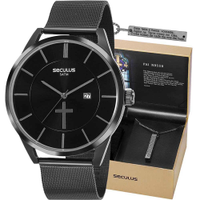 Kit Relógio Seculus Masculino Pai Nosso com Colar 20769GPSKPA1K1
