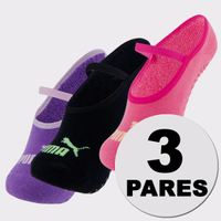 Kit Meia Puma Pilates Feminina 3 pares Roxa e Preta e Rosa