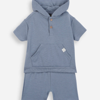 Conjunto curto infantil com capuz listrado azul