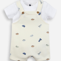 Jardineira infantil com camiseta dinossauro off white