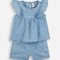 Conjunto curto infantil jeans poá azul