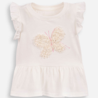 Blusa infantil de algodão bordado borboleta com recortes e babados off white