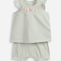 Conjunto curto infantil texturizado floral verde