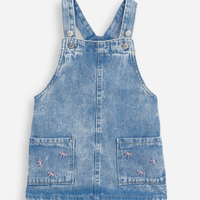 Salopete infantil jeans com bolsos e bordados azul