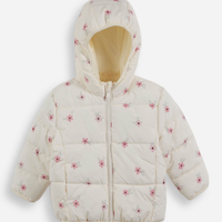 Jaqueta puffer infantil com capuz floral off white