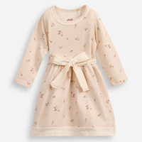 Vestido infantil de algodão manga longa com faixa floral bege