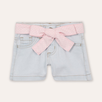 Short clochard infantil jeans com faixa poá azul