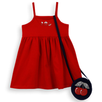 Vestido infantil em malha de algodão com bolsa vermelha