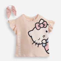 Camiseta de algodão infantil hello kitty com lacinho para cabelo bege
