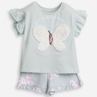 Conjunto infantil de algodão borboleta com paetê verde