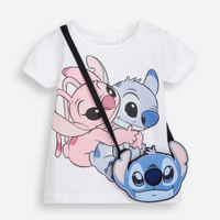 Camiseta de algodão infantil stitch e angel com bolsinha off white