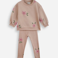 Conjunto longo infantil de moletom floral marrom