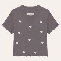 Camiseta de algodão juvenil manga curta coração com fru fru cinza