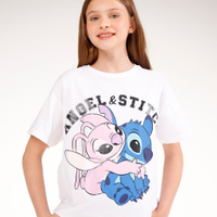Camiseta de algodão juvenil angel e stitch off white