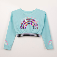 Blusa juvenil manga longa cropped arco-íris paetê azul
