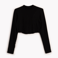 Cropped de viscose juvenil canelado com recorte manga longa preto