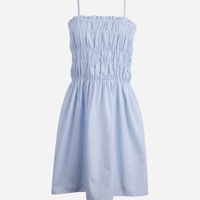 Vestido curto juvenil de algodão alça fina franzido xadrez azul
