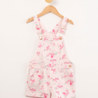 Jardineira infantil sarja estampada floral rosa claro