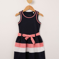 Vestido infantil com recortes e faixa para amarrar azul marinho