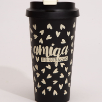 Copo de viagem estampado corações "amiga do coração" 500 ml preto