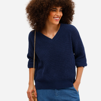Suéter feminino de tricot gola v manga longa azul