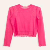 Blusa de tule juvenil brilhos manga longa rosa