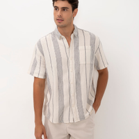 Camisa de algodão listrada com bolso manga curta off white