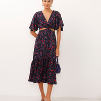 Vestido midi de viscose com recortes floral azul marinho