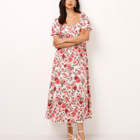 Vestido midi de algodão floral manga bufante off white