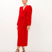 Vestido midi transpassado manga bufante vermelho