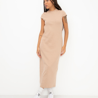 Vestido midi de algodão canelado básico bege