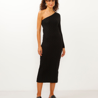 Vestido midi de tricot ombro único texturizado preto