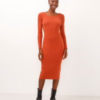 Vestido midi de tricot manga longa canelada laranja