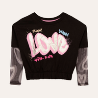 Camiseta de algodão infantil manga tule love preto
