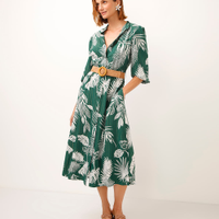 Vestido chemise de viscose folhagens com cinto verde
