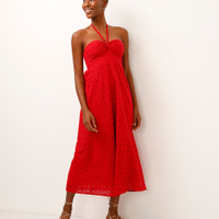 Vestido midi de laise decote coração vermelho