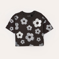 Camiseta de algodão infantil floral com paête cinza
