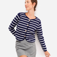 Cardigan feminino de tricot listrado com bolsos azul