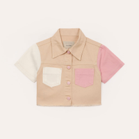 Camisa infantil cropped de sarja tricolor bege
