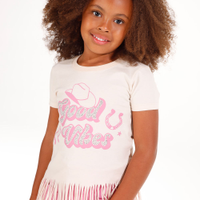 Camiseta de algodão infantil franjinhas na barra bege
