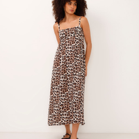 Vestido midi de viscose alça fina animal print bege