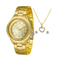 Kit relógio feminino lince lrg4522lkf52c2kx analógico dourado