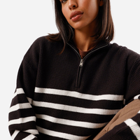 Suéter feminino de tricot com zíper listrado azul
