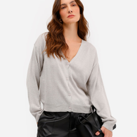 Cardigan feminino de tricot com lurex cinza